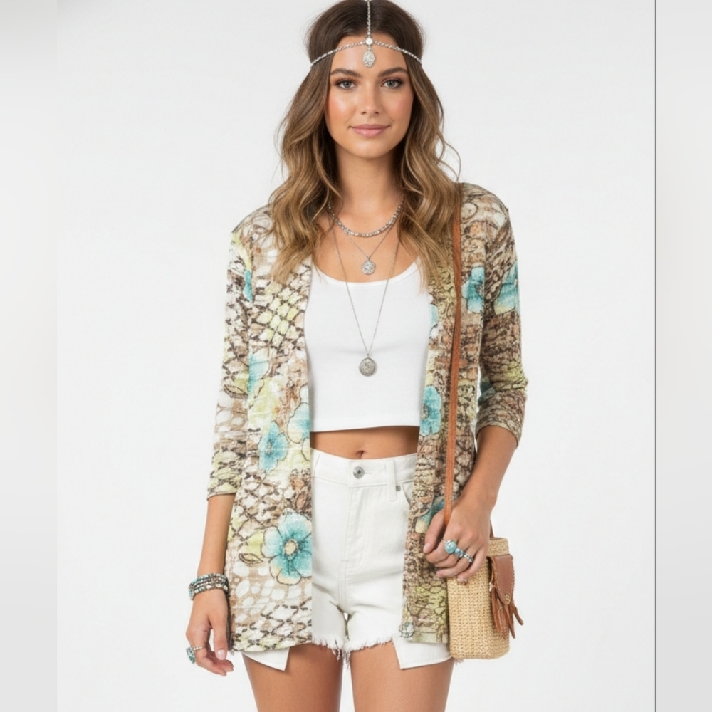 Alfred Dunner Cardigan Jacket Grunge Floral Layered Open Retro Brown Blue 1X